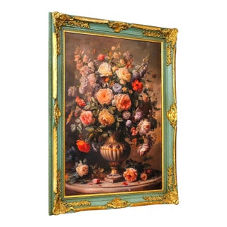 French Rococo Floral Still Life Painting – Sage Green Finish With Hand-Gilded Gold Leaf Frame For Sale
