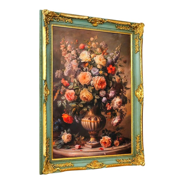 French Rococo Floral Still Life Painting – Sage Green Finish With Hand-Gilded Gold Leaf Frame For Sale