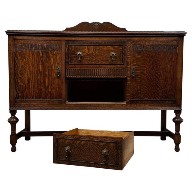 Antique English Edwardian Carved Oak Sideboard For Sale - Image 5 of 14