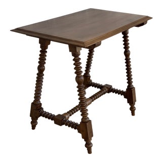19th Spanish Baroque Side Table With Wood Stretcher and Carved Top in Walnut For Sale
