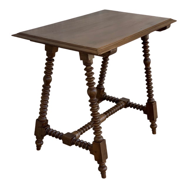 19th Spanish Baroque Side Table With Wood Stretcher and Carved Top in Walnut For Sale