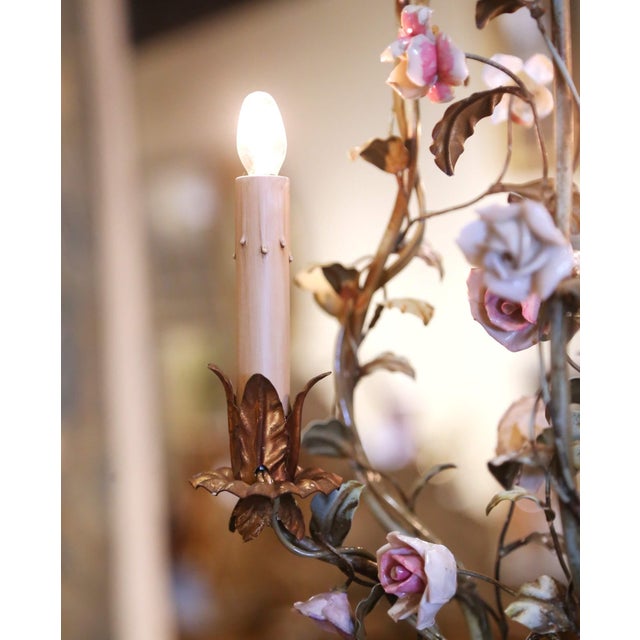 Early 20th Century French Three-Light Tole Chandelier With Porcelain Flowers For Sale - Image 11 of 11