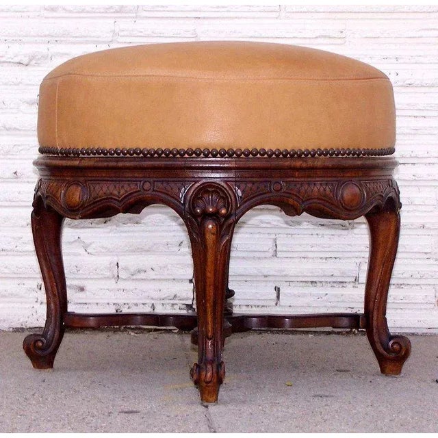 Round Ottoman with Carved Legs and Leather Upholstered Seat For Sale - Image 4 of 7