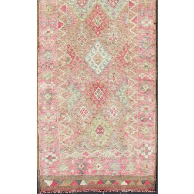 Tribal Geometric Kurdish Design Vintage Runner From Turkey in Pink, Red & Green Colors For Sale - Image 3 of 12
