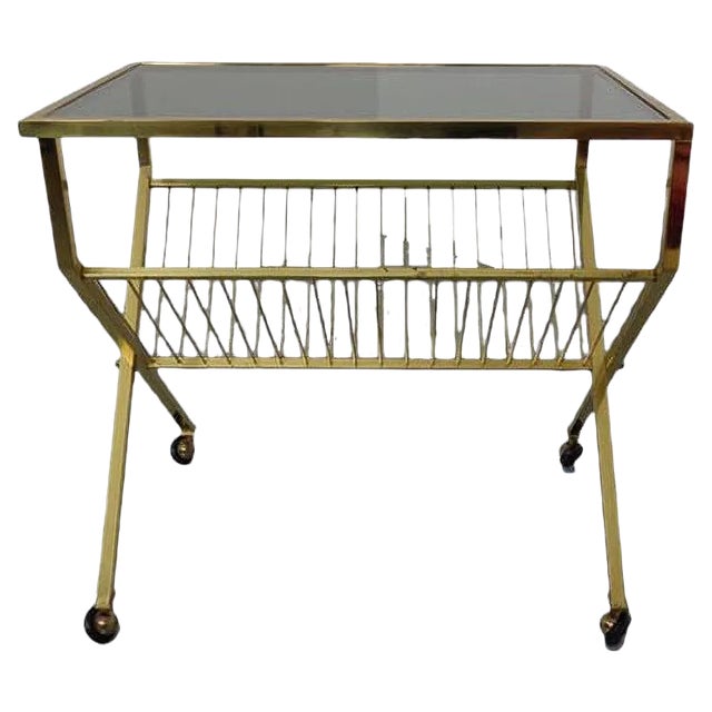 French Brass & Glass Cart with Magazine Rack, 1960s For Sale