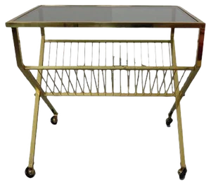 French Brass & Glass Cart with Magazine Rack, 1960s
