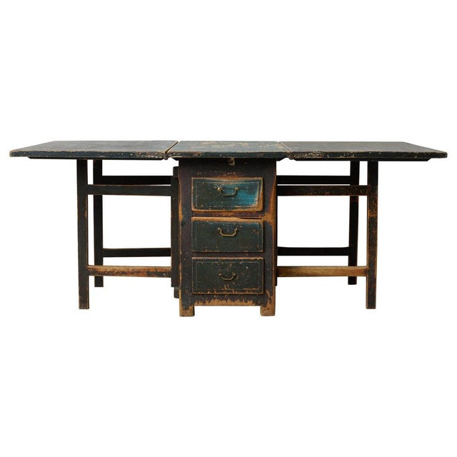 Swedish Folk Art Drop-Leaf Dining Table with Drawers and Rustic Paint For Sale - Image 15 of 15