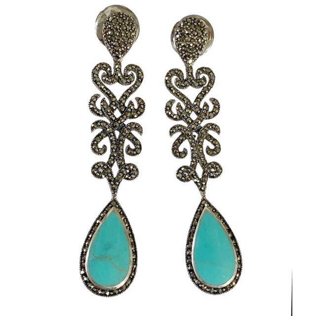 1980s Vintage Sterling Silver and Marcasite Earrings With Turquoise Stone 2.75" Long For Sale - Image 5 of 6