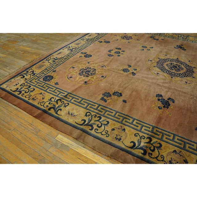 Peach 1900s Peach Field Classic Greek Key Antique Chinese Peking Rug 10'10" X 12'9" For Sale - Image 8 of 8