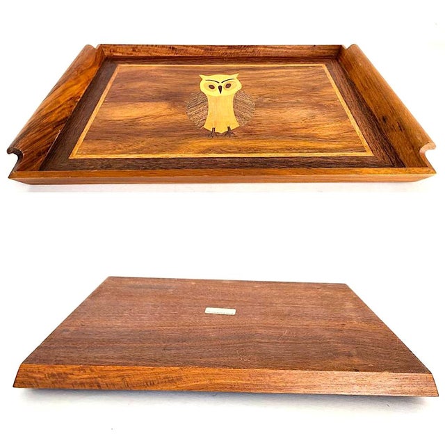 Mid-Century Modern Vintage Inlaid Wood Serving Tray – Handcrafted Marquetry Owl Motif For Sale - Image 3 of 11