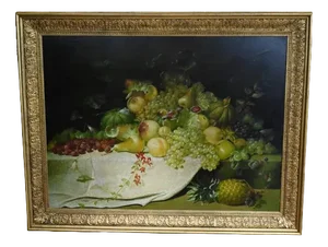 French Artist, Still Life with Fruit & Flowers, Oil Painting, Framed