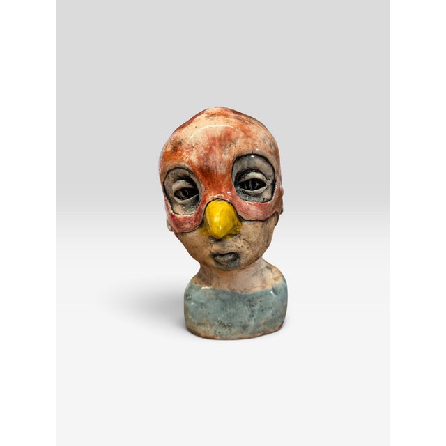 Folk Art 1970s Signed Studio Art Pottery Surrealist Bird Mask Figural Ceramic Bust For Sale - Image 3 of 8