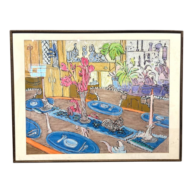 Vintage Expressive Observational Painting of Dining Room Table by Molly Schiff For Sale