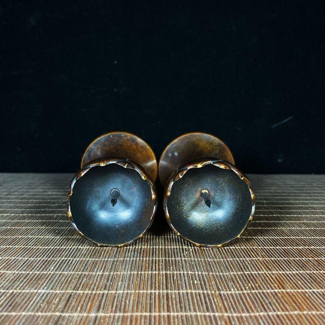 Early 21st Century Pair of Vintage Brass Lotus Candlesticks - Asian Altar Candle Holders For Sale - Image 5 of 9