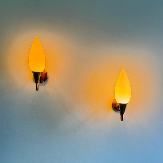 Brass Wall Lamps with Opaline Glass by Paavo Tynell, 1940s, Set of 2 For Sale - Image 3 of 18