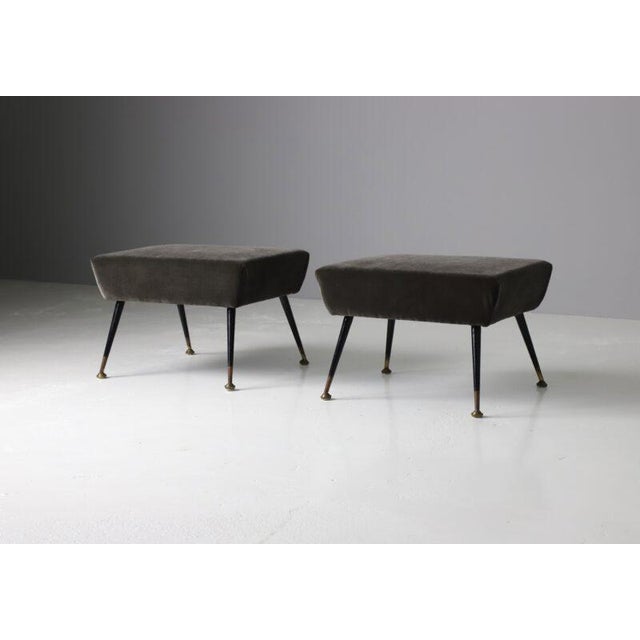 Metal Set of Italian Footstools in Velvet and Brass, 1950s For Sale - Image 7 of 7