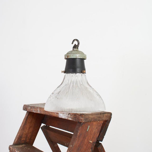 White Antique Reclaimed Glass Pendant Light from Holophane, 1950s For Sale - Image 8 of 9