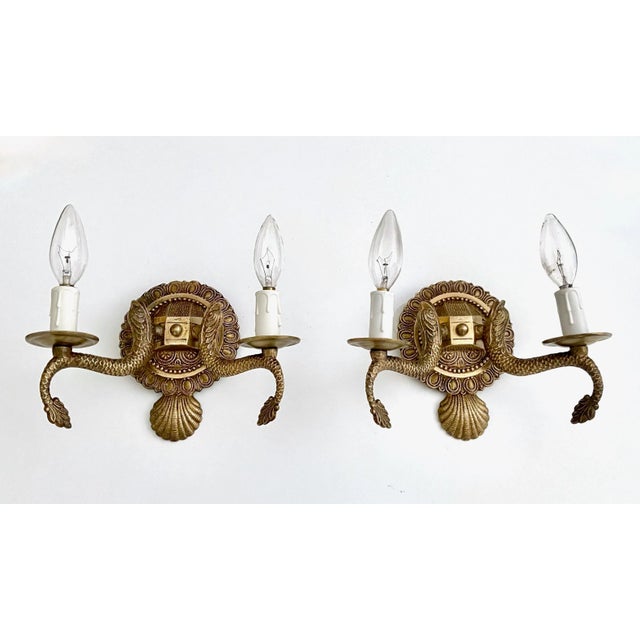 Pair Neoclassic Dolphin Shell Brass Wall Sconces For Sale - Image 12 of 13