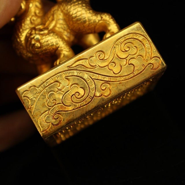 Metal Late 19th Century Gilt Bronze Qilin Seal Stamp, Mythical Beast Figure, 650g For Sale - Image 7 of 8