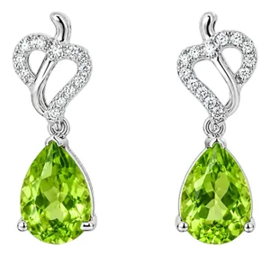 Late 20th Century 14K White Gold Peridot Diamond Heart Drop Earrings Estate, Pair