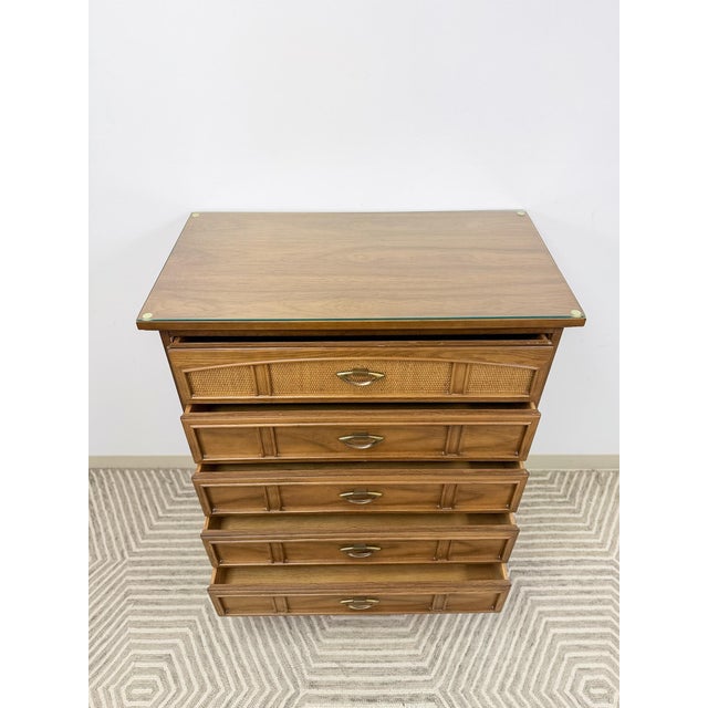 Mid 20th Century Dixie MCM Tallboy Dresser Woven Drawer Fronts Brass Pulls Vintage Furniture For Sale - Image 5 of 11