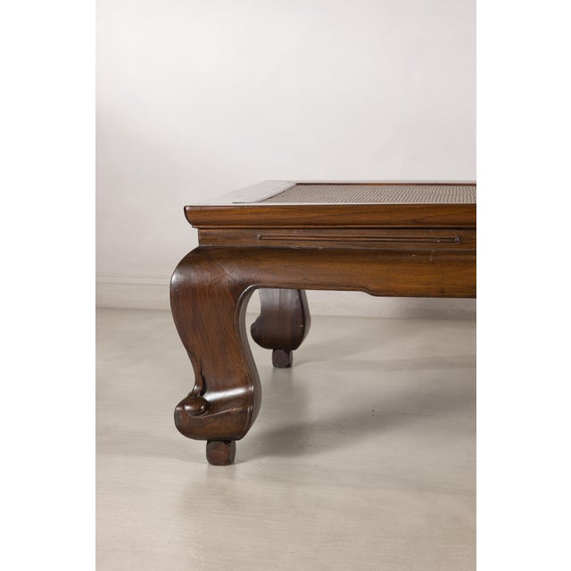 Antique Chinese Elm Opium Bed Coffee Table with Woven Rattan Top and Scroll Legs For Sale - Image 16 of 18