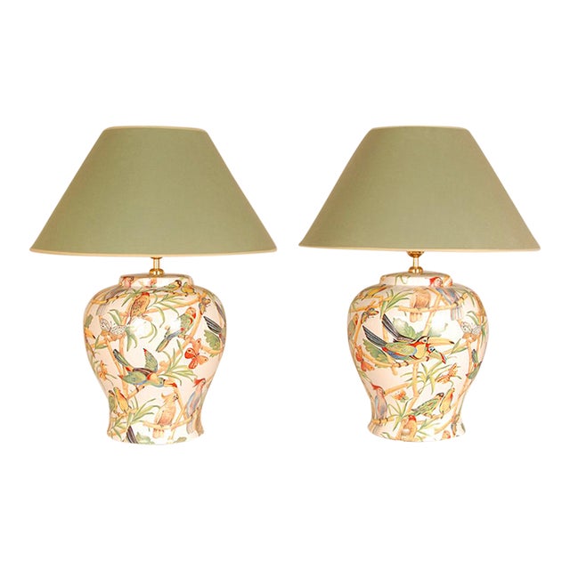 Vintage Italian Table Lamps Ceramic Parrots Birds Green Cream Tall Porcelain Vase Lamps Tariff Free - A Pair For Sale
