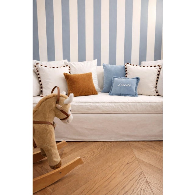 Couple Bicolor Happy Cushions White and Light Blue Velvet from Lo Decor, Set of 2 For Sale - Image 4 of 5