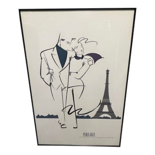 Vintage 1980s Postmodern Ty Wilson Paris Blue Wall Art Poster Framed 1989 For Sale