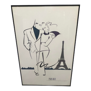 Vintage 1980s Postmodern Ty Wilson Paris Blue Wall Art Poster Framed 1989