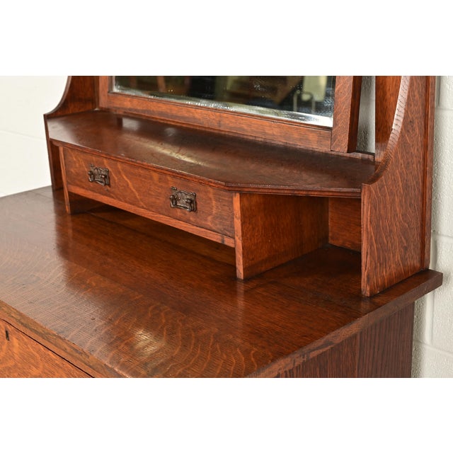 Brown Liberty & Co. Antique English Mission Oak Arts & Crafts Vanity Dresser With Mirror, Circa 1900 For Sale - Image 8 of 13