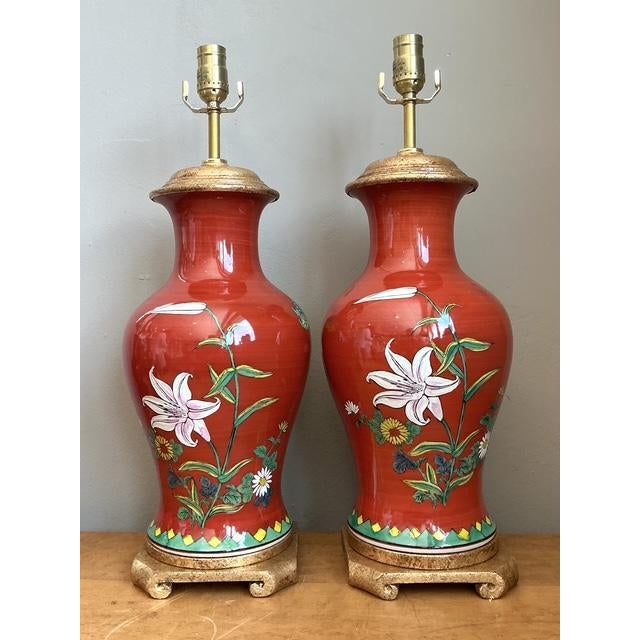 Vintage Hand Painted Glazed Ceramic Lamps - A Pair For Sale - Image 4 of 12