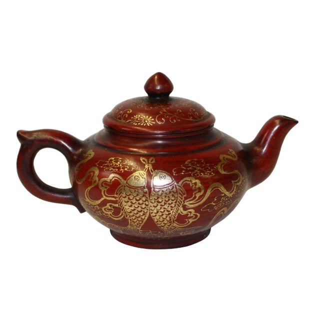 Sculpture Materials Chinese Zisha Clay Red Golden Scenery Teapot Display For Sale - Image 7 of 7
