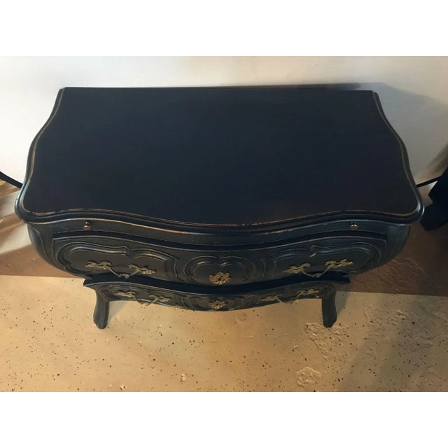 French Black Distressed Bombe Commode With Bronze Mounts and Pull-Out Tray Top For Sale - Image 3 of 11