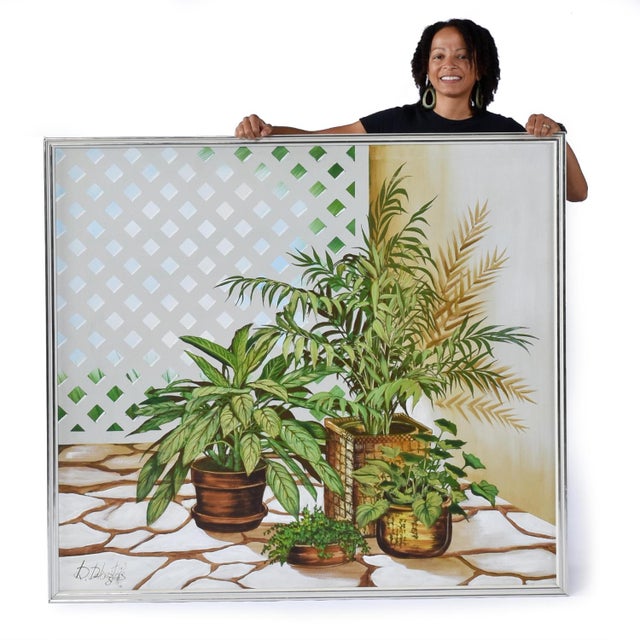 Mid-Century Modern Vintage 1970s Large Green and White House Plant Painting by DeLongprie For Sale - Image 3 of 11