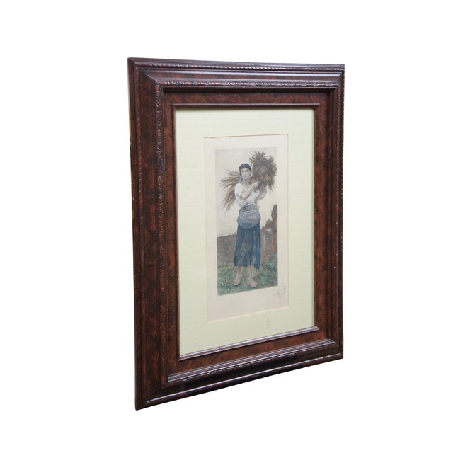 Traditional 1888 the Gleaner Antique Hand Colored Harvest Etching by Jules Breton Framed 21" For Sale - Image 3 of 14