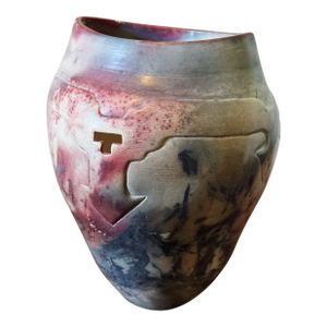 Vintage Hand Thrown Tribal Pottery Vase in Pink Raku Glaze