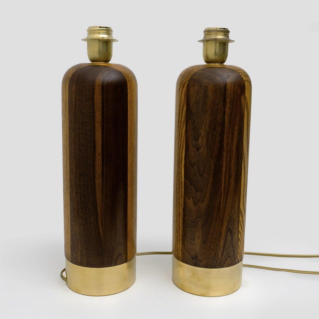 Mid-Century Modern Style Italian Wooden and Brass Table Lamps, 1990, Set of 2 For Sale - Image 6 of 7