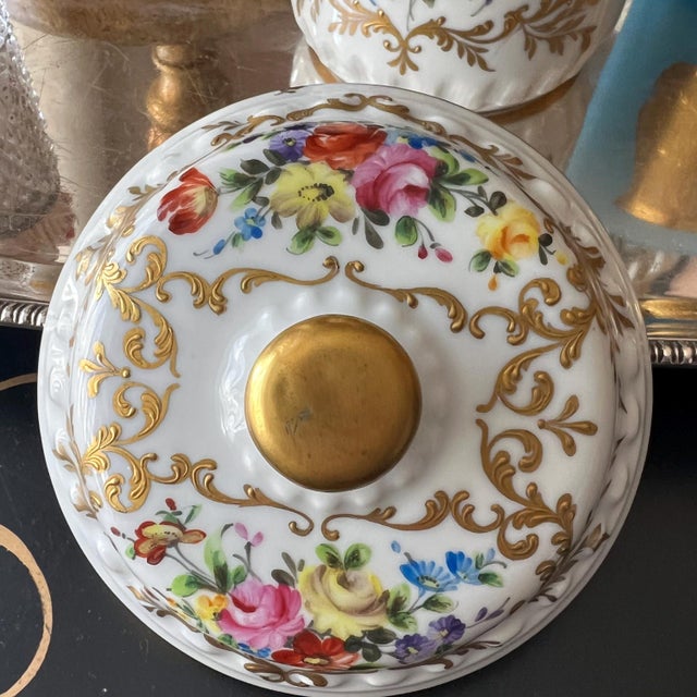 1960s Camille Le Tellac hand-painted jar with flowers and gilt accents // made in Paris // elegant French style decor // porcelain jar with lid For Sale - Image 11 of 18