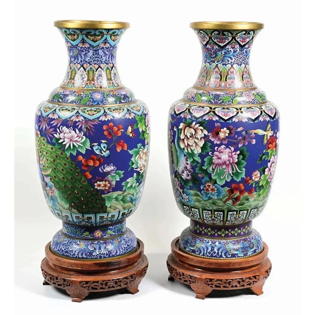 Pair of Late 20th Century Palatial Blue Chinese Cloisonne Enamel Vases With Peacocks For Sale - Image 4 of 4