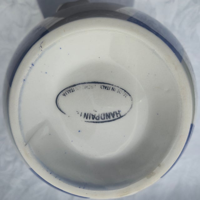 White Vintage Hand-Painted Italian Blue & White Ceramic Pitcher | Mediterranean Farmhouse Artisanal Pottery Vase For Sale - Image 8 of 11