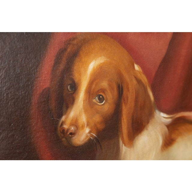 American 1890s Framed Oil on Board Painting Depicting a Dog Lying on a Red Drape For Sale - Image 4 of 12
