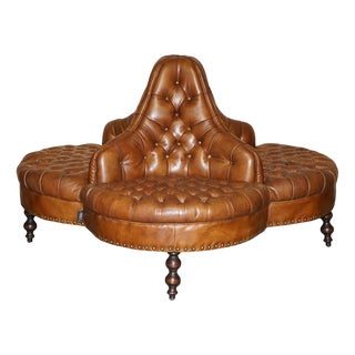 Brown Leather 4-Seater Chesterfield Tete a Tete Sofa For Sale