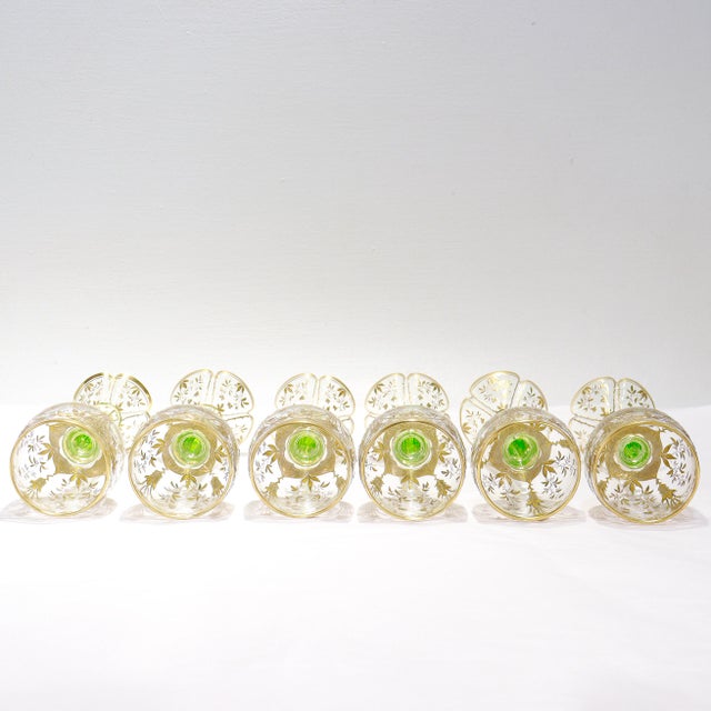 1900 Set of 6 Gilt German or Bohemian Art Nouveau Clear & Green Glass Wine Goblets For Sale - Image 12 of 18