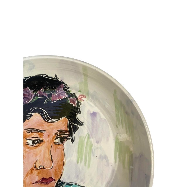 Extra Large Vintage Decorative Glazed Pottery Bowl Depicting a Woman With Floral Crown, Signed Spirt Circa 1990’s For Sale - Image 4 of 11