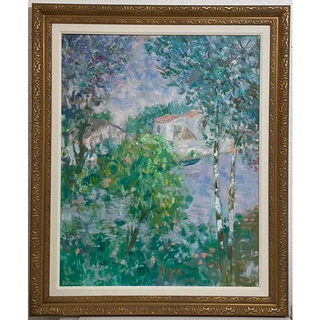 Bernard Taurelle (French, born 1931), Les Bouleaux, oil on canvas landscape painting depicting birch trees framing a lush...