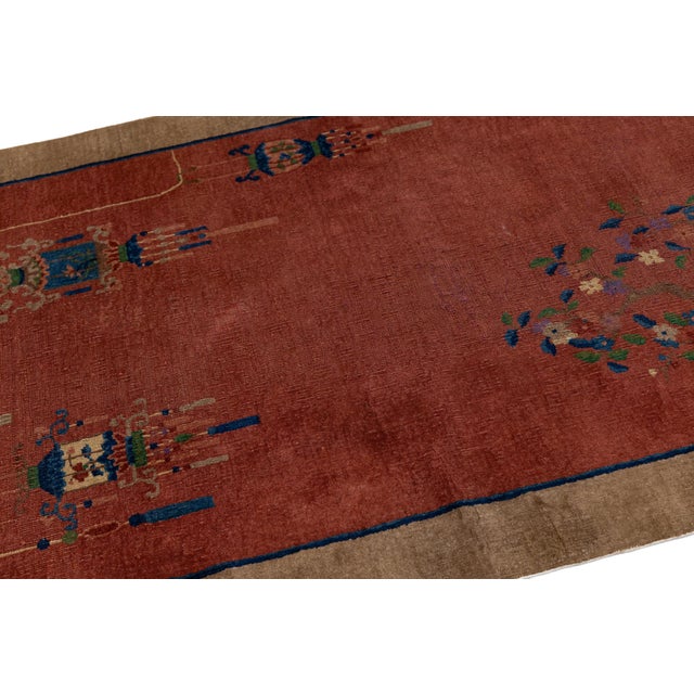 4 X 7 Red Antique Handmade Chinese Art Deco Wool Rug With Floral Design For Sale In New York - Image 6 of 10