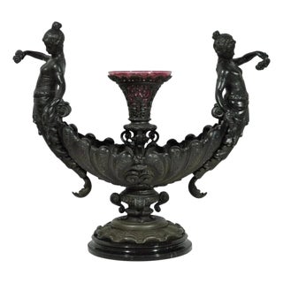 Antique Victorian Spelter & Marble Figural Mermaid Centerpiece Bowl Vase Epergne For Sale