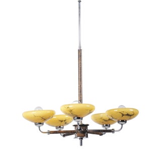 Art Deco Chandelier in Chrome, Beech, Walnut and Glass, Czech, 1920s For Sale