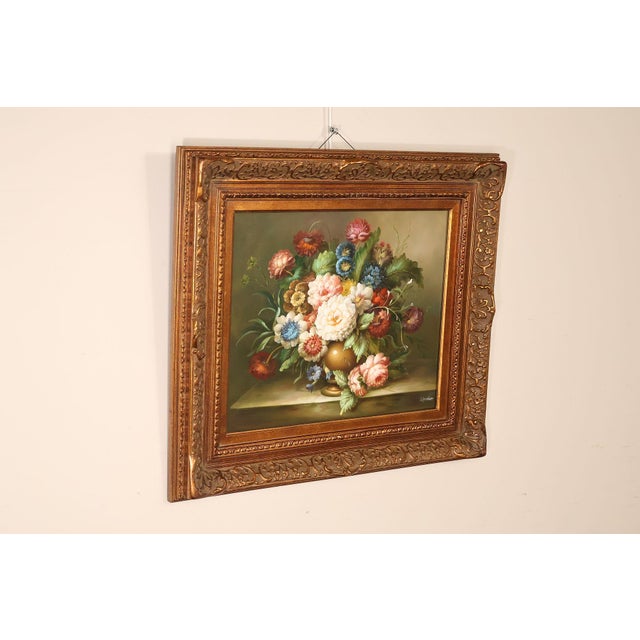 High Quality Oil Painting Floral Still Life in Carved Gold Finished Frame Signed Heather. Botaniacal Floral in Brown Vase...